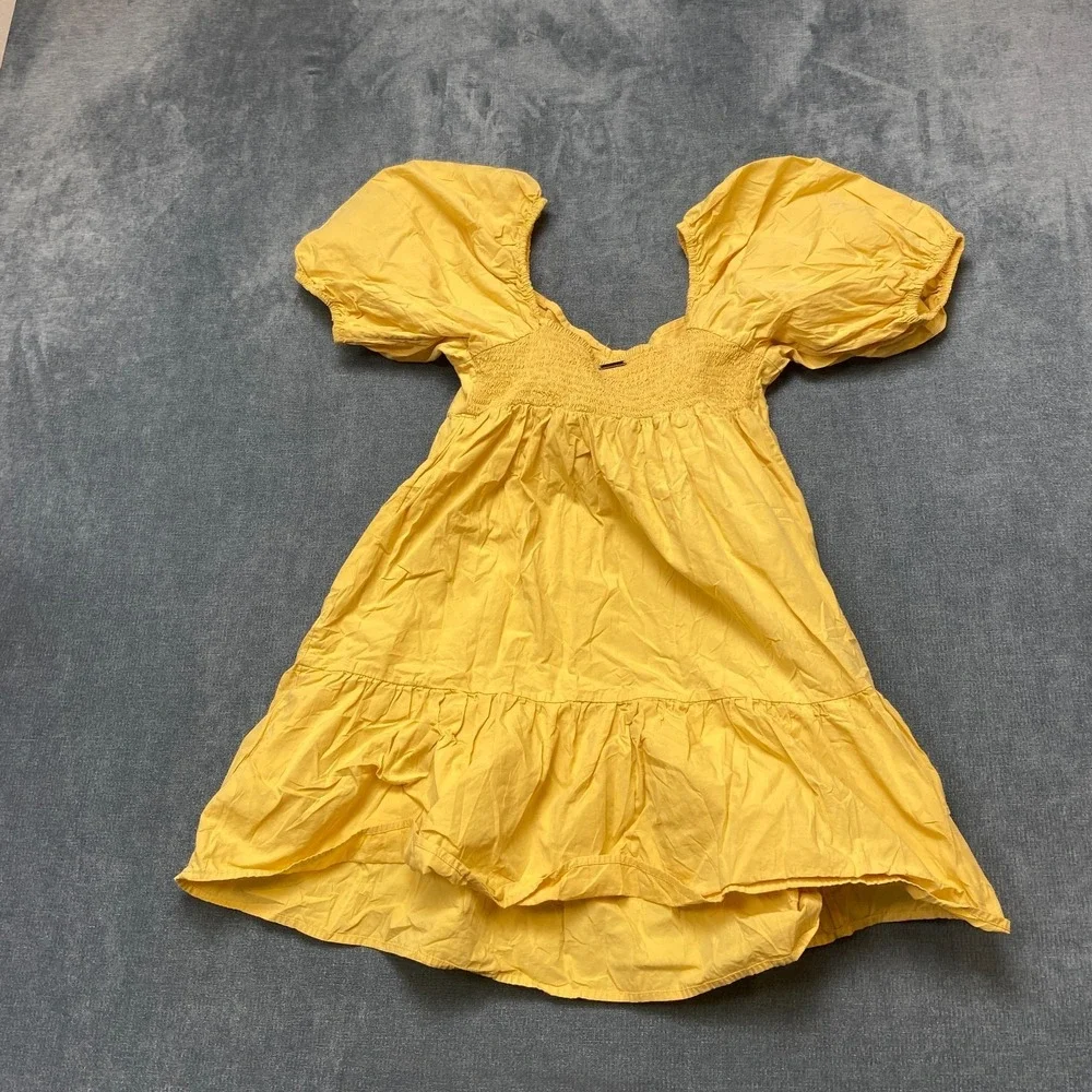 Billabong Mini Sundress Girls Medium Yellow Pleated Puff Sleeve Smocked Back